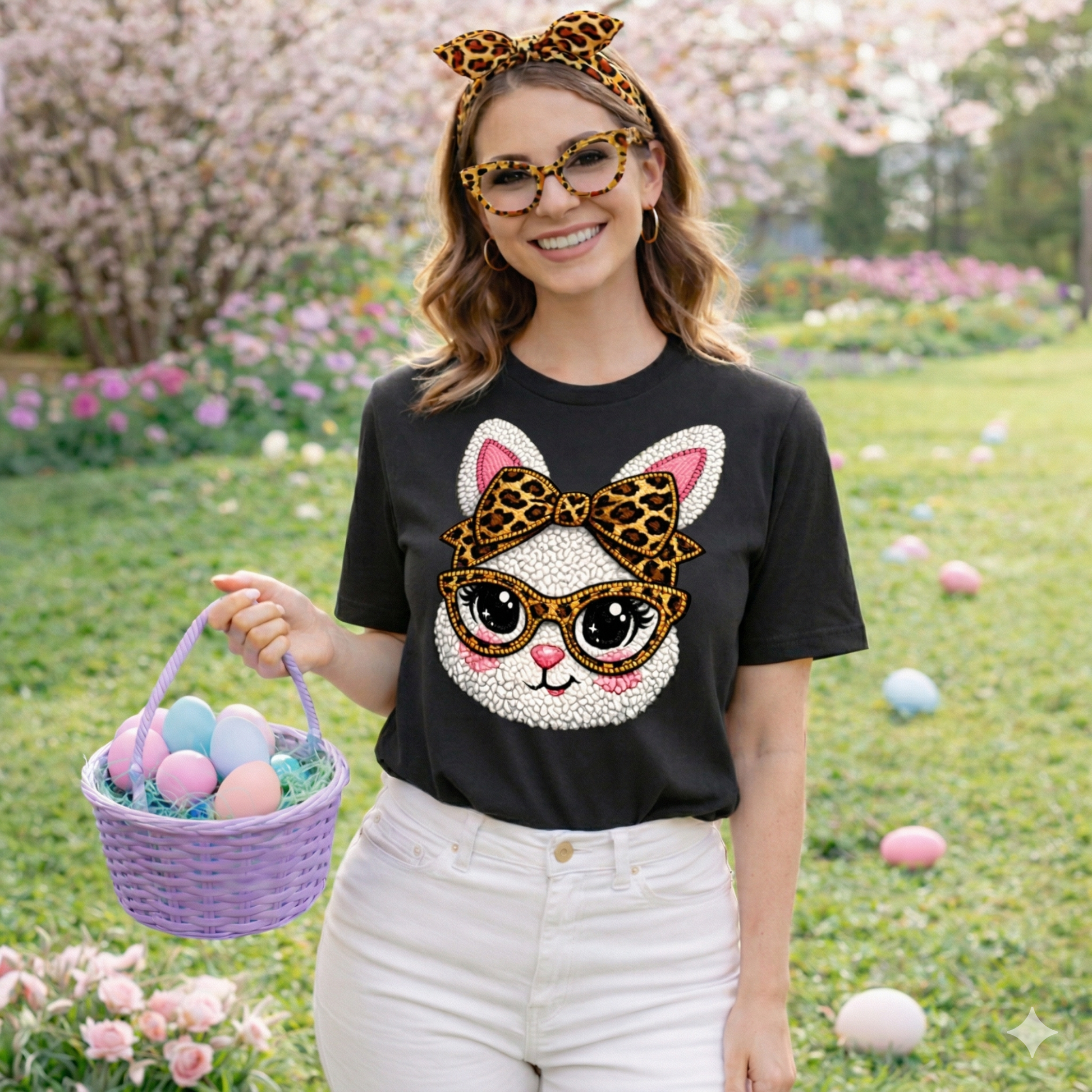 Woman wearing a Fashionista Bunny Graphic Easter T-Shirt with a fluffy bunny in leopard print glasses and bow while holding an Easter basket in a blooming spring garden, cute Easter shirt for women.
