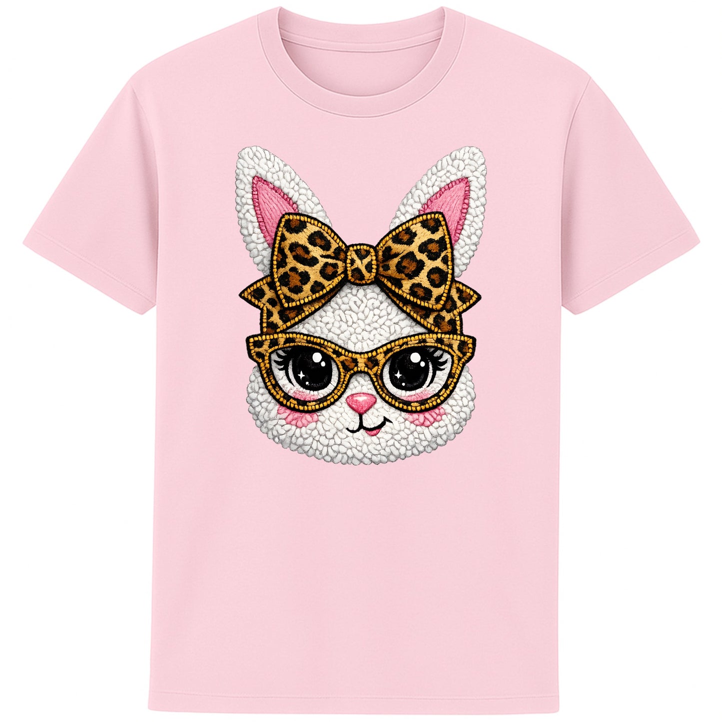 Pink graphic t-shirt featuring a cute fluffy white bunny with bold leopard print glasses and bow, trendy Easter spring outfit 