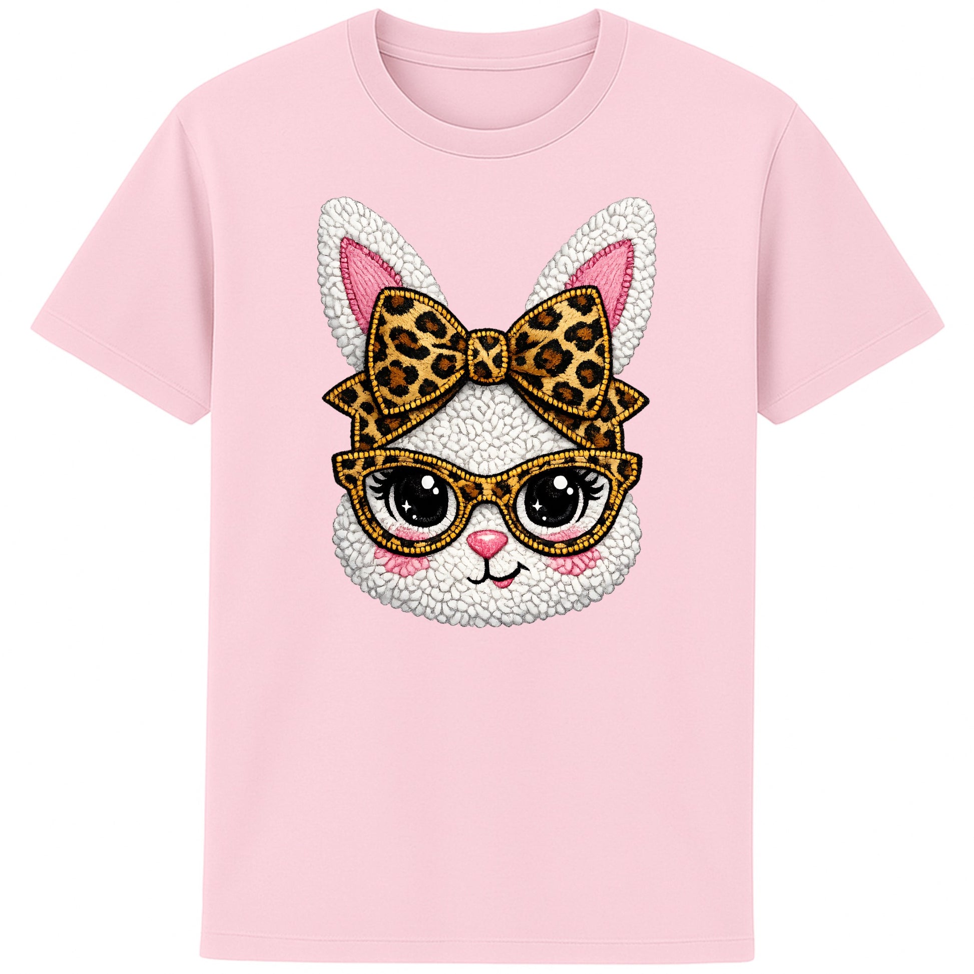 Pink graphic t-shirt featuring a cute fluffy white bunny with bold leopard print glasses and bow, trendy Easter spring outfit 