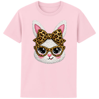 Pink graphic t-shirt featuring a cute fluffy white bunny with bold leopard print glasses and bow, trendy Easter spring outfit 