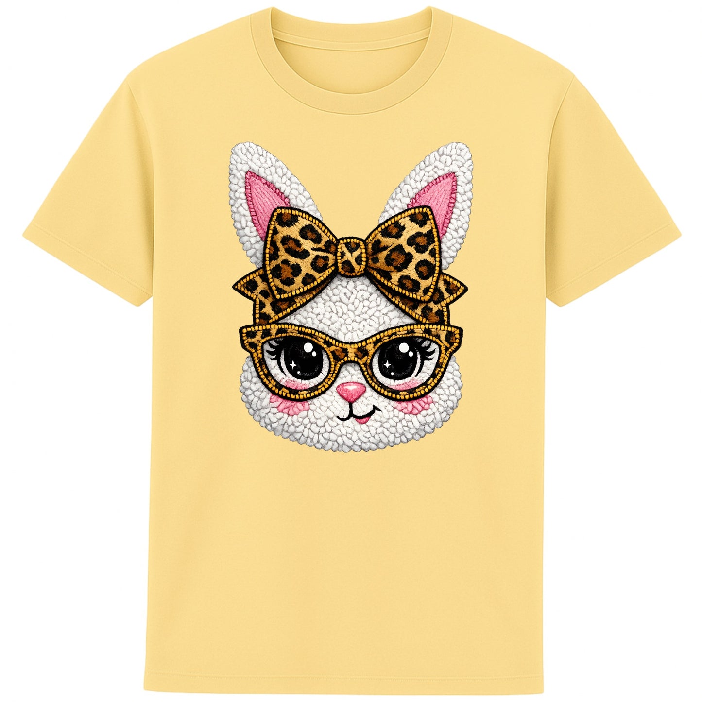Yellow graphic t-shirt featuring a cute fluffy white bunny with bold leopard print glasses and bow, trendy Easter spring outfit 