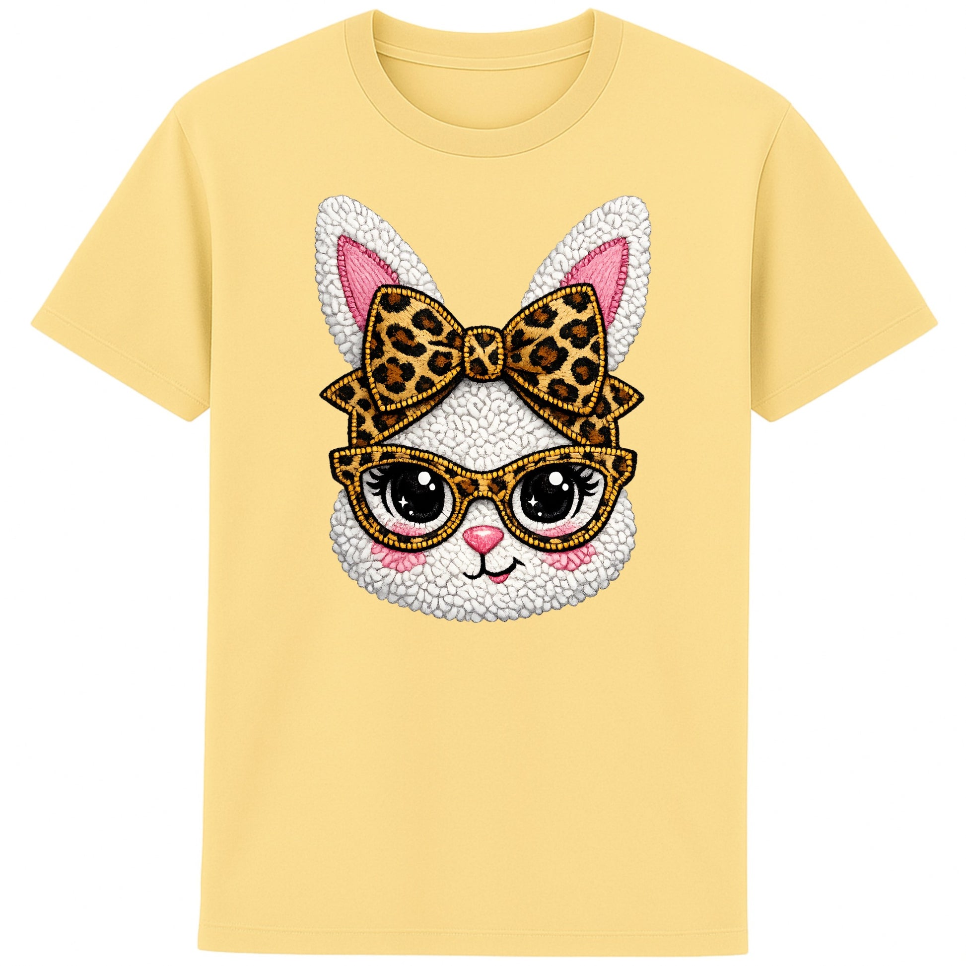 Yellow graphic t-shirt featuring a cute fluffy white bunny with bold leopard print glasses and bow, trendy Easter spring outfit 