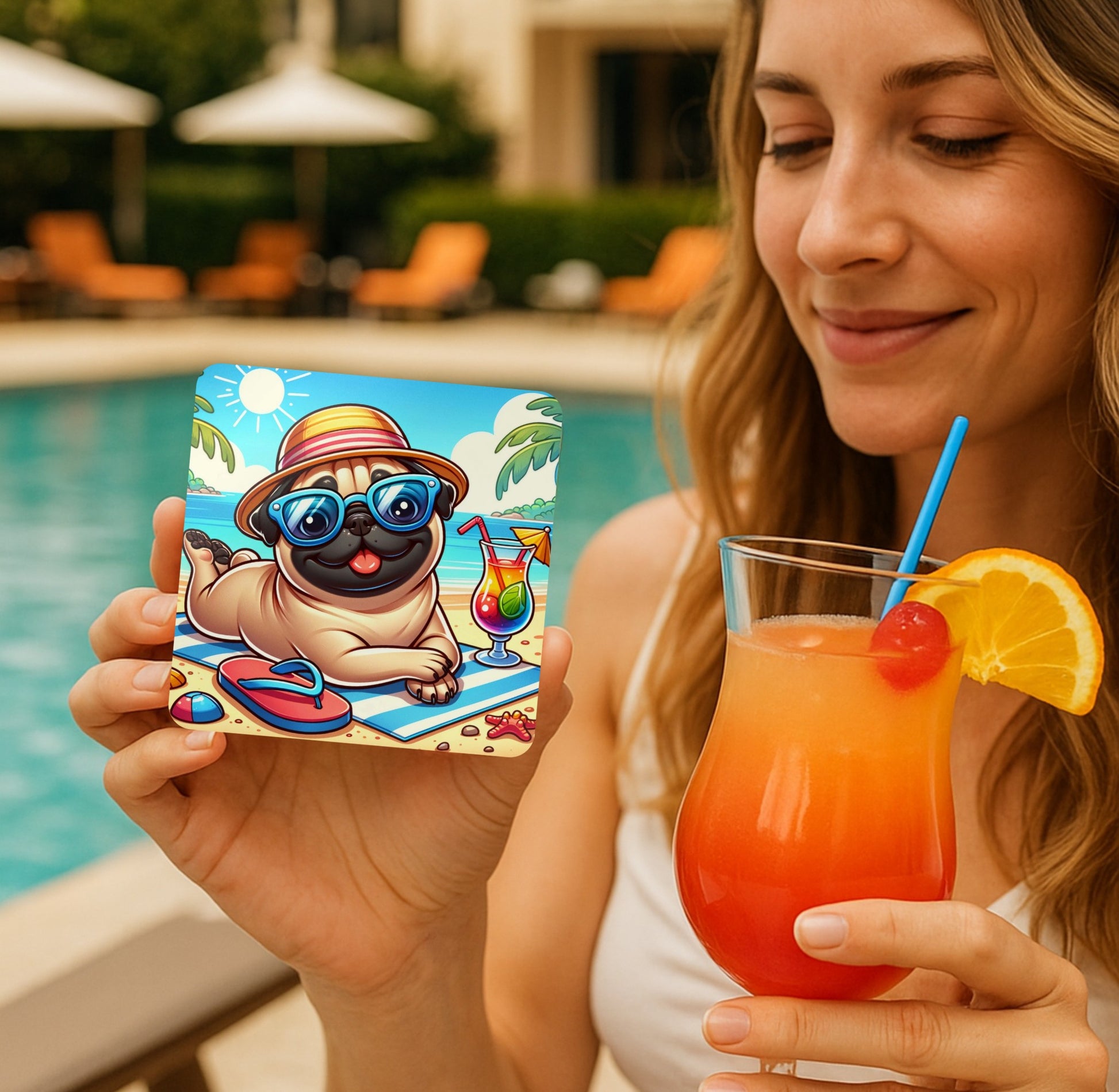 a woman holding a Funny beach pug coaster with tropical dog design, perfect summer drink coaster for dog lovers and beach house decor"