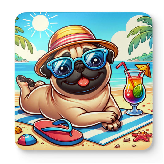 "Funny beach pug coaster with tropical dog design, perfect summer drink coaster for dog lovers and beach house decor"