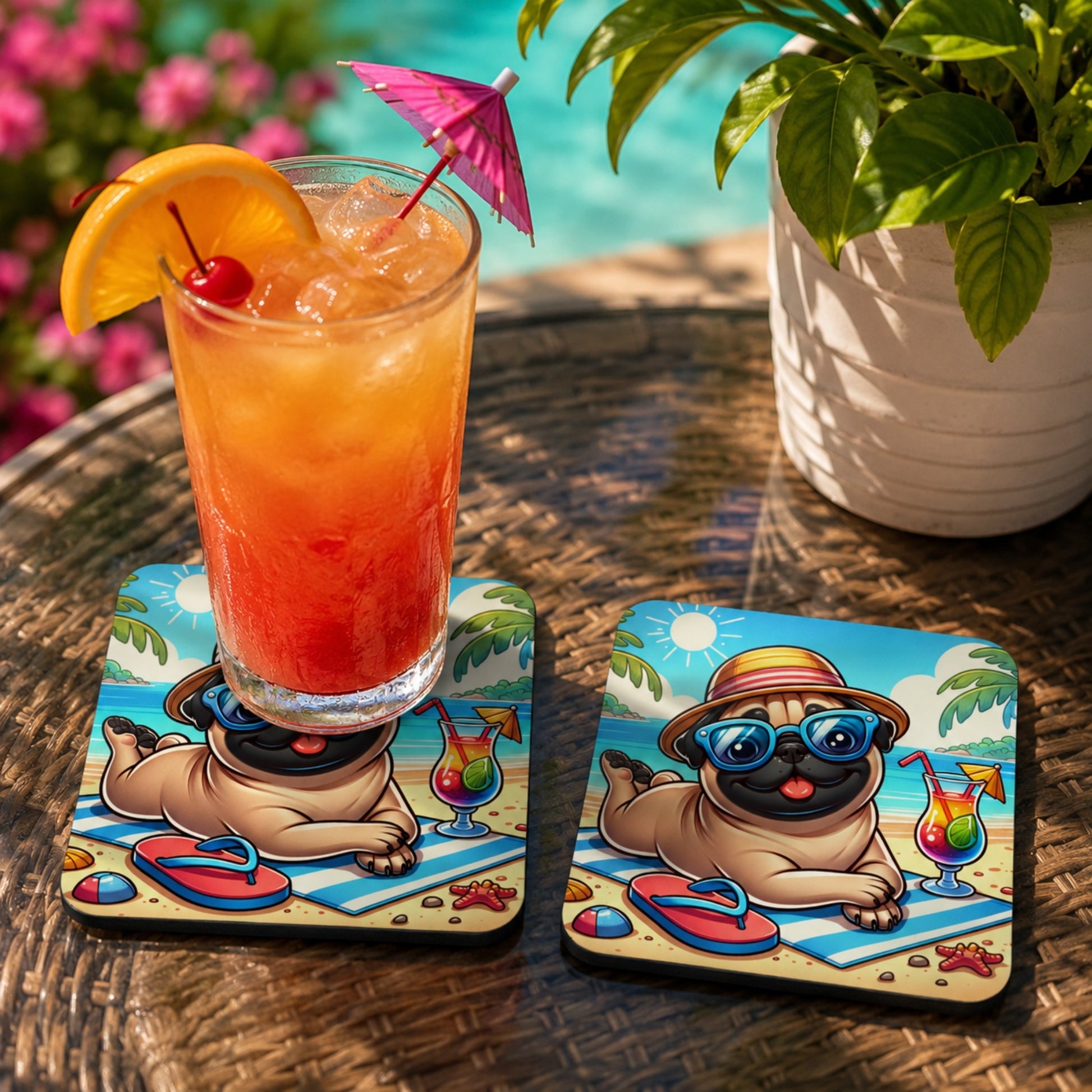 Lifestyle mockup of the Funny Beach Pug coaster with a colourful summer fruity drink resting on one coaster and a second matching coaster displayed alongside on an outdoor patio table beside a swimming pool with tropical plants.