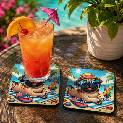 Lifestyle mockup of the Funny Beach Pug coaster with a colourful summer fruity drink resting on one coaster and a second matching coaster displayed alongside on an outdoor patio table beside a swimming pool with tropical plants.