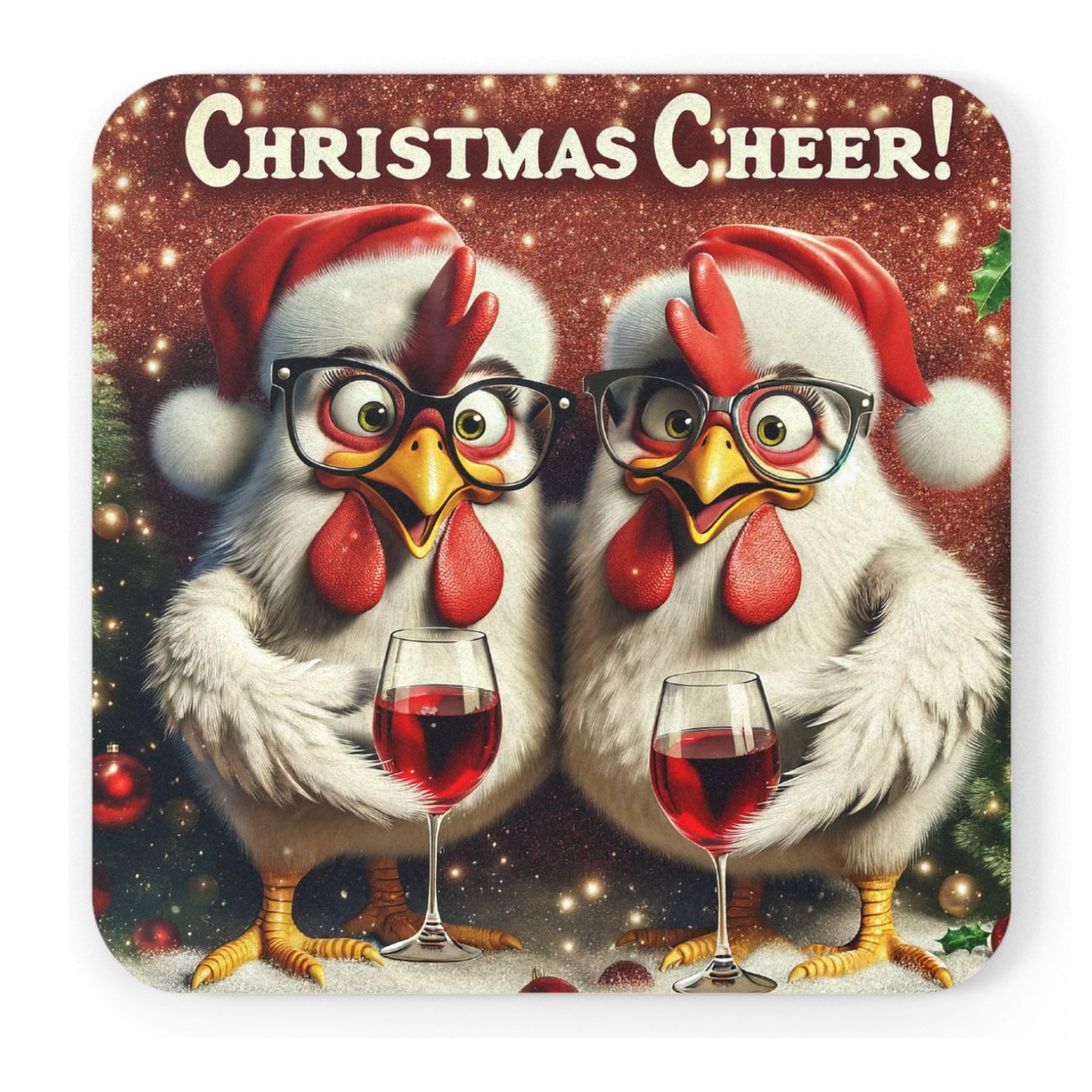 Two cheerful chickens sporting Santa hats and glasses, raising a toast in festive celebration. The vibrant red background adds to the holiday charm, making this coaster a fun and eye-catching addition to any Christmas gathering.