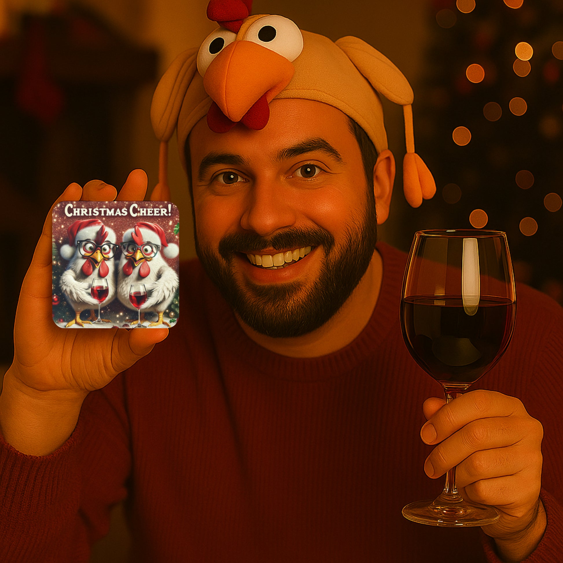 a man holding a coaster with Two cheerful chickens sporting Santa hats and glasses, raising a toast in festive celebration. The vibrant red background adds to the holiday charm, making this coaster a fun and eye-catching addition to any Christmas gathering.