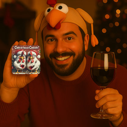 a man holding a coaster with Two cheerful chickens sporting Santa hats and glasses, raising a toast in festive celebration. The vibrant red background adds to the holiday charm, making this coaster a fun and eye-catching addition to any Christmas gathering.