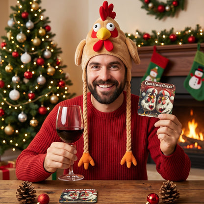 Man holding a funny Christmas chicken coaster and glass of wine beside a Christmas tree, showcasing a festive holiday coaster gift for chicken lovers.