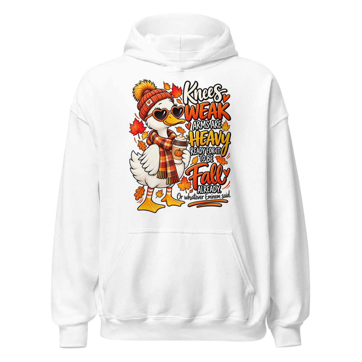 White funny fall goose hoodie featuring Knees Weak Arms Are Heavy autumn artwork with leaves and coffee.