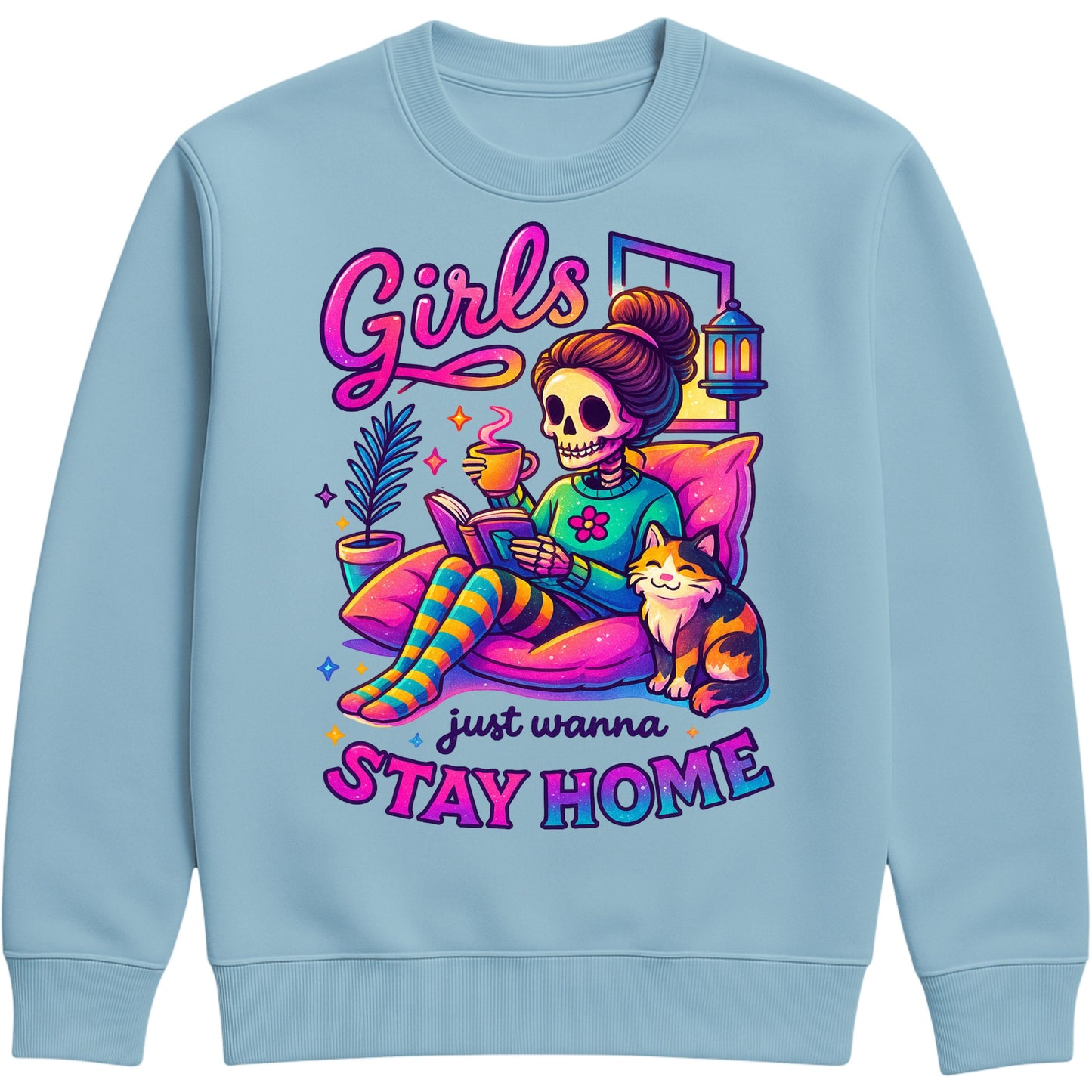 Ice blue colour Girls Just Wanna Stay Home Sweatshirt featuring a colourful skeleton relaxing on a cosy sofa with a coffee, book, cat, lantern, and houseplants, funny homebody sweatshirt for introverts, book lovers, and cat lovers.