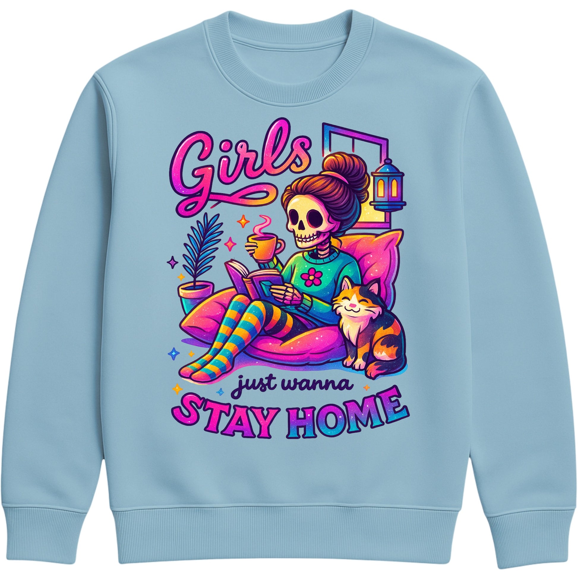 Ice blue colour Girls Just Wanna Stay Home Sweatshirt featuring a colourful skeleton relaxing on a cosy sofa with a coffee, book, cat, lantern, and houseplants, funny homebody sweatshirt for introverts, book lovers, and cat lovers.
