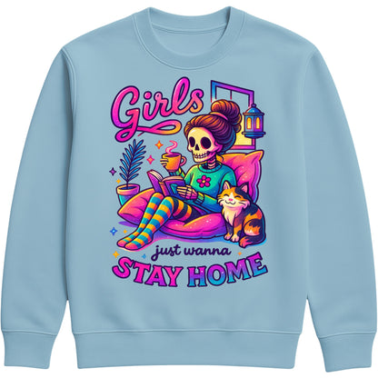 Ice blue colour Girls Just Wanna Stay Home Sweatshirt featuring a colourful skeleton relaxing on a cosy sofa with a coffee, book, cat, lantern, and houseplants, funny homebody sweatshirt for introverts, book lovers, and cat lovers.