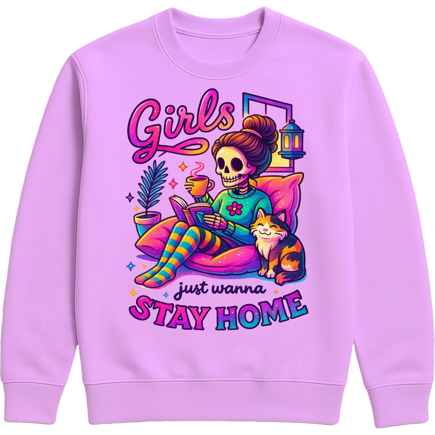 Lavender Girls Just Wanna Stay Home Sweatshirt featuring a colourful skeleton relaxing on a cosy sofa with a coffee, book, cat, lantern, and houseplants, funny homebody sweatshirt for introverts, book lovers, and cat lovers.