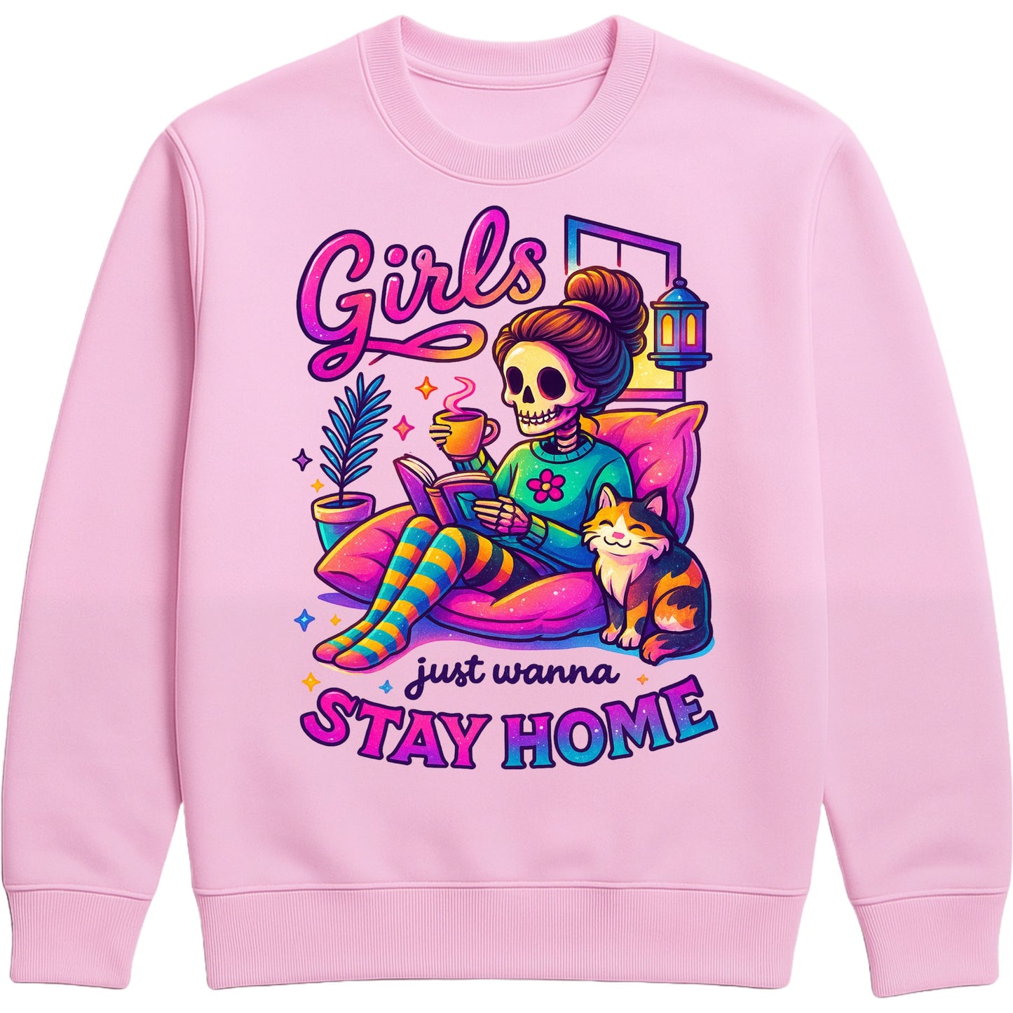 Pink Girls Just Wanna Stay Home Sweatshirt featuring a colourful skeleton relaxing on a cosy sofa with a coffee, book, cat, lantern, and houseplants, funny homebody sweatshirt for introverts, book lovers, and cat lovers.
