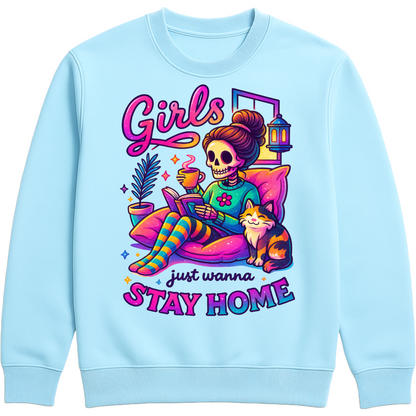 Sky blue Girls Just Wanna Stay Home Sweatshirt featuring a colourful skeleton relaxing on a cosy sofa with a coffee, book, cat, lantern, and houseplants, funny homebody sweatshirt for introverts, book lovers, and cat lovers.