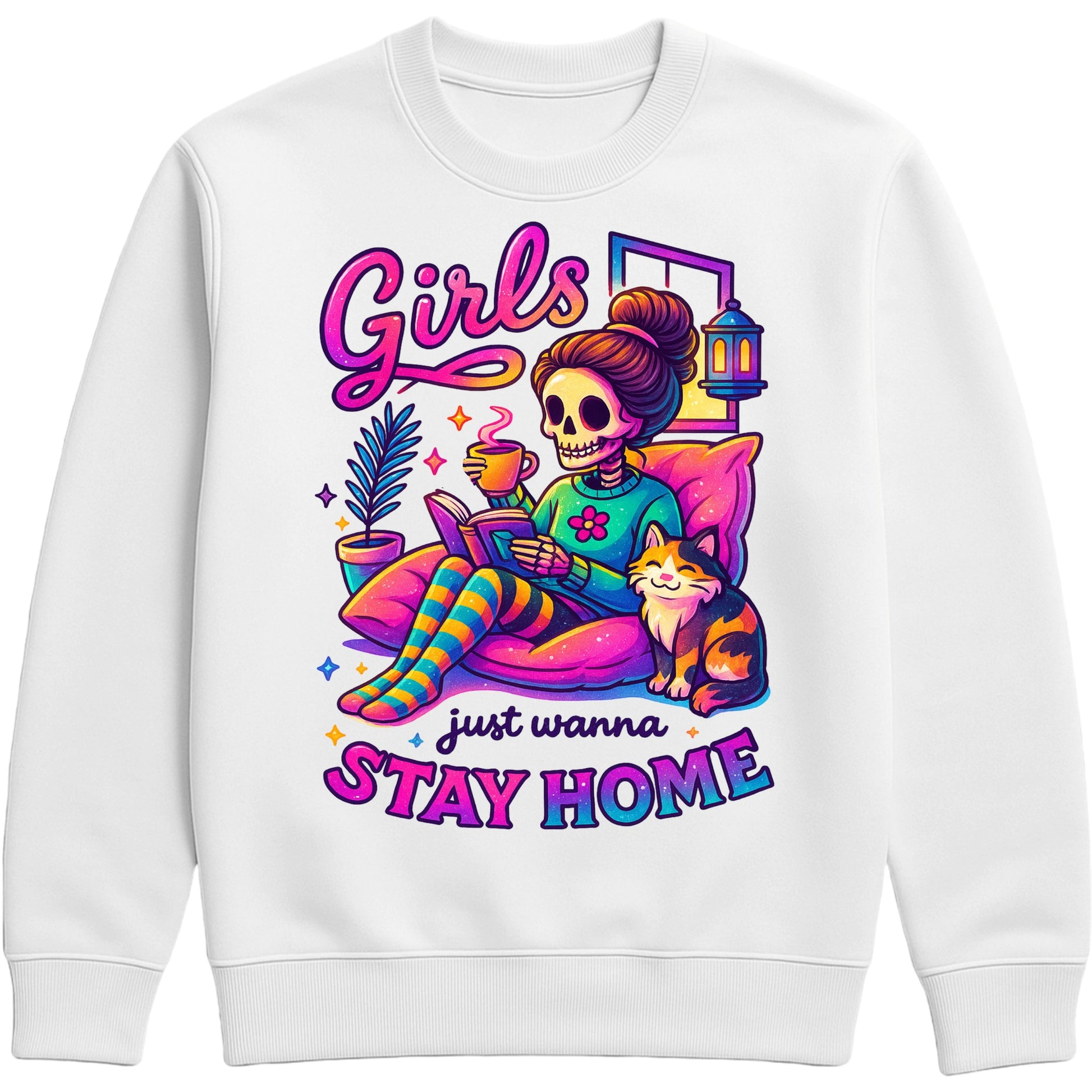 White sweatshirt Girls Just Wanna Stay Home Sweatshirt featuring a colourful skeleton relaxing on a cosy sofa with a coffee, book, cat, lantern, and houseplants, funny homebody sweatshirt for introverts, book lovers, and cat lovers.