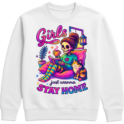 White sweatshirt Girls Just Wanna Stay Home Sweatshirt featuring a colourful skeleton relaxing on a cosy sofa with a coffee, book, cat, lantern, and houseplants, funny homebody sweatshirt for introverts, book lovers, and cat lovers.
