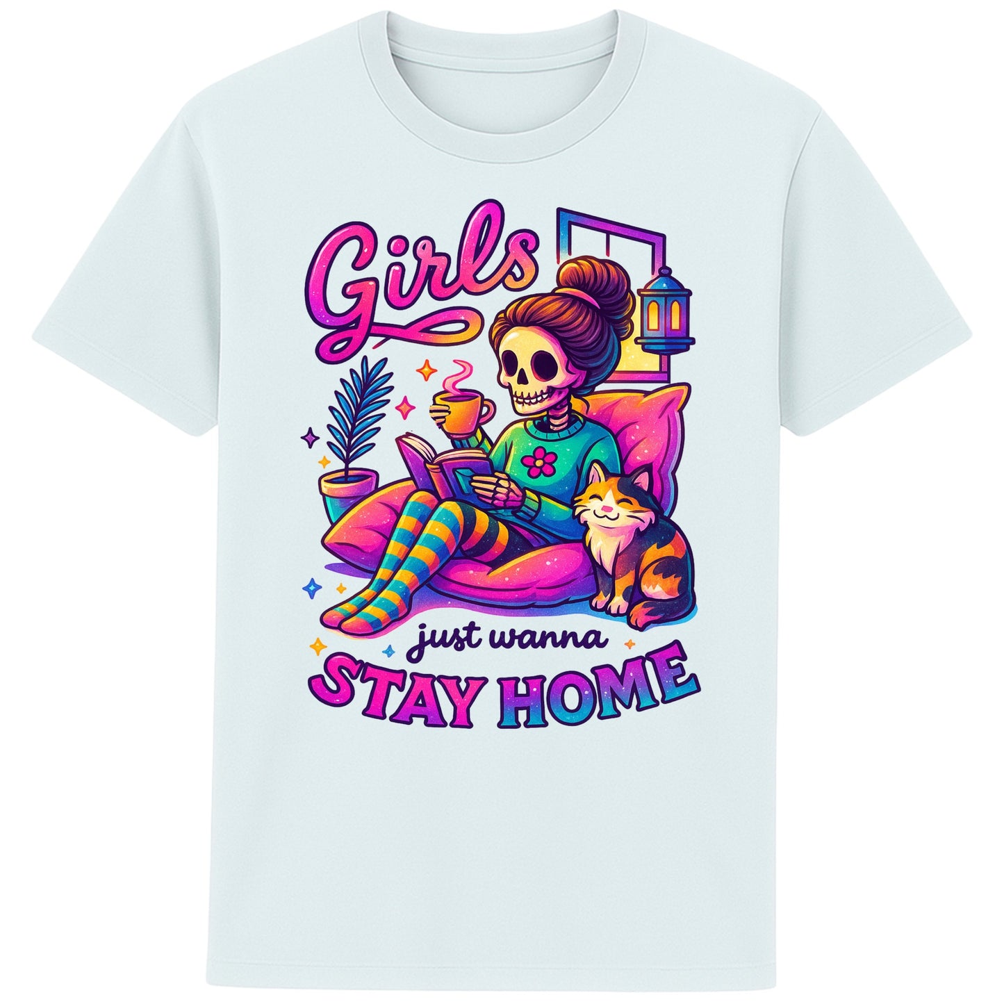 Blue Ice colour Girls Just Wanna Stay Home T-Shirt featuring a colourful skeleton relaxing with a cat, coffee, and a book, funny homebody shirt for introverts, book lovers, and cat lovers.