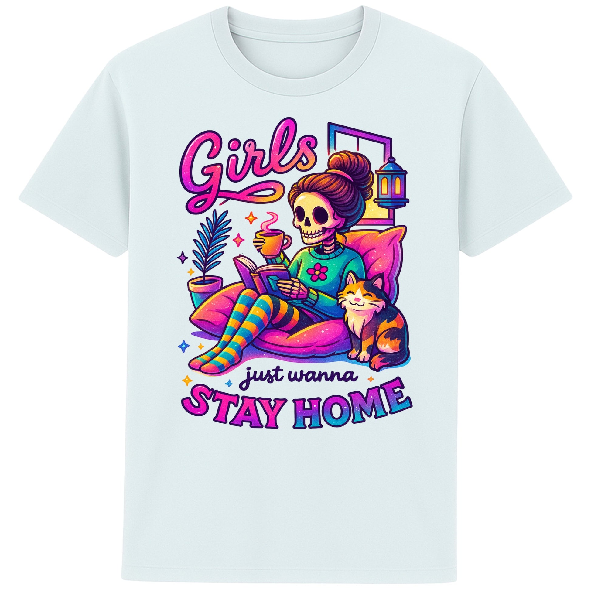 Blue Ice colour Girls Just Wanna Stay Home T-Shirt featuring a colourful skeleton relaxing with a cat, coffee, and a book, funny homebody shirt for introverts, book lovers, and cat lovers.