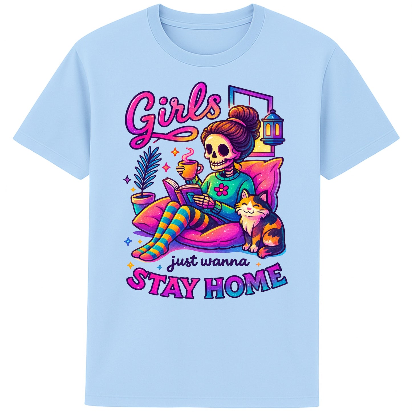 Blue Soul colour Girls Just Wanna Stay Home T-Shirt featuring a colourful skeleton relaxing with a cat, coffee, and a book, funny homebody shirt for introverts, book lovers, and cat lovers.
