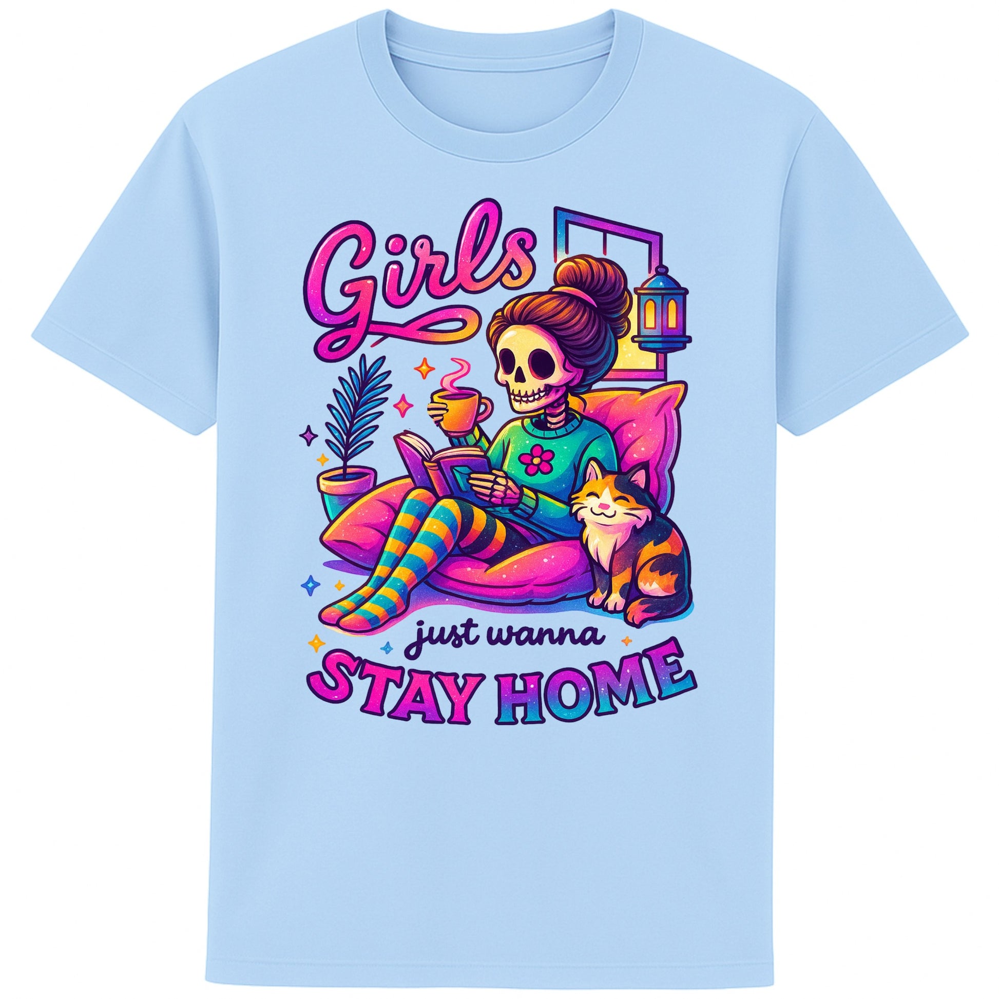 Blue Soul colour Girls Just Wanna Stay Home T-Shirt featuring a colourful skeleton relaxing with a cat, coffee, and a book, funny homebody shirt for introverts, book lovers, and cat lovers.