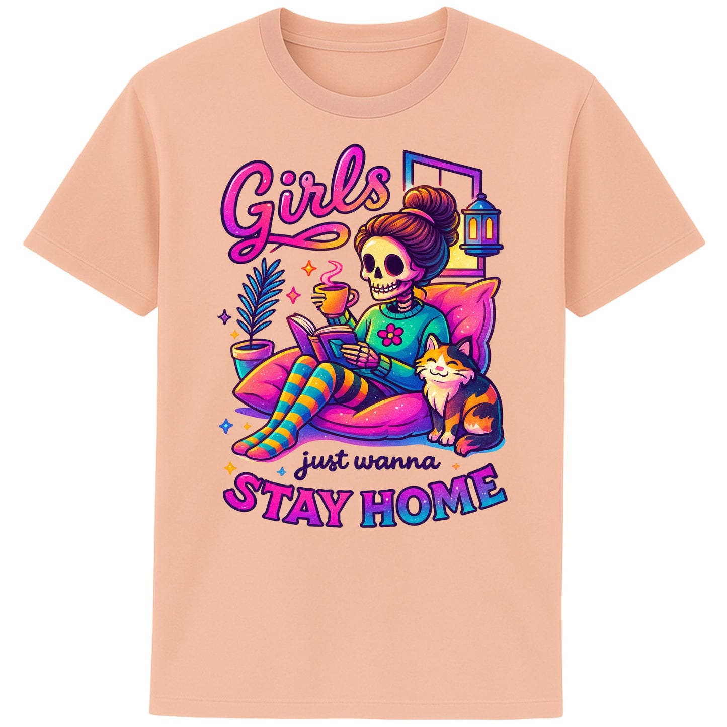 fraiche peche colour Girls Just Wanna Stay Home T-Shirt featuring a colourful skeleton relaxing with a cat, coffee, and a book, funny homebody shirt for introverts, book lovers, and cat lovers.
