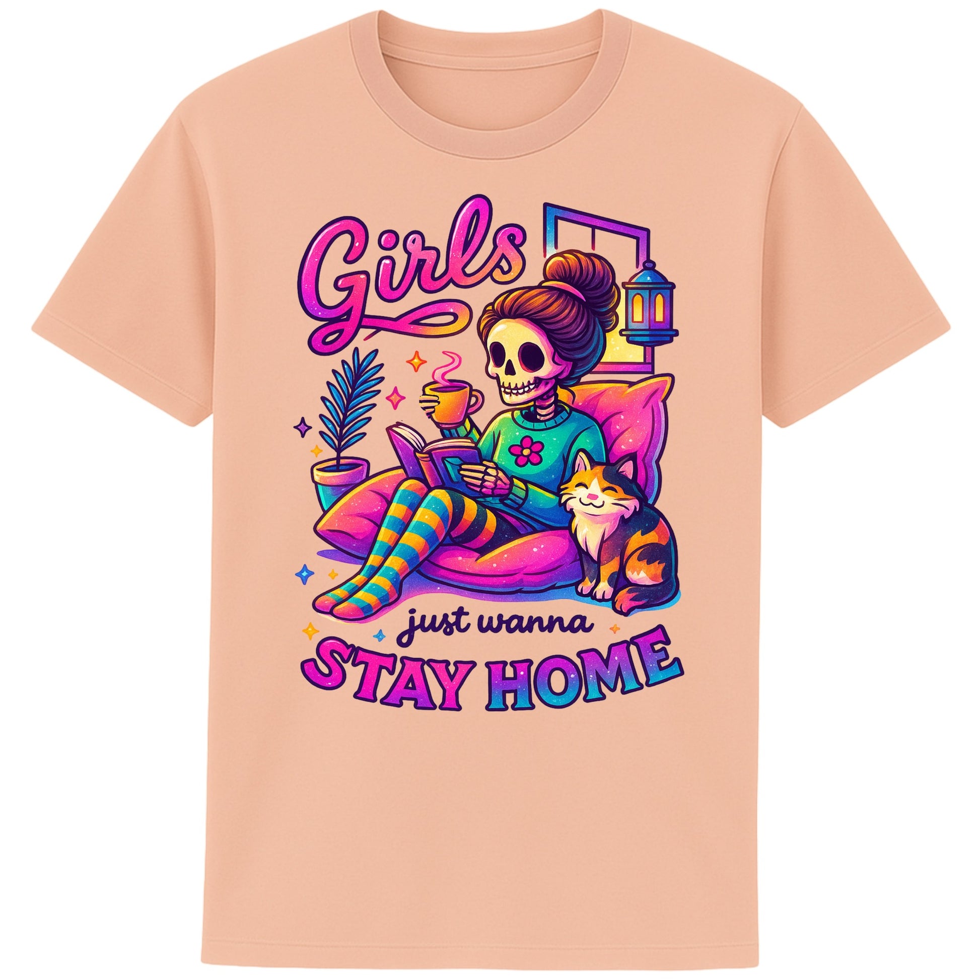 fraiche peche colour Girls Just Wanna Stay Home T-Shirt featuring a colourful skeleton relaxing with a cat, coffee, and a book, funny homebody shirt for introverts, book lovers, and cat lovers.