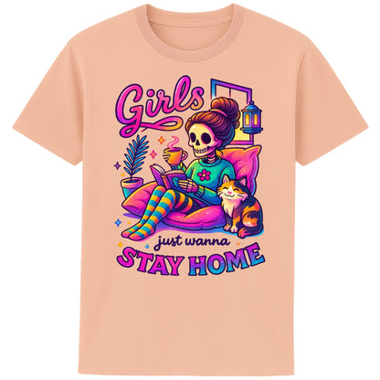 fraiche peche colour Girls Just Wanna Stay Home T-Shirt featuring a colourful skeleton relaxing with a cat, coffee, and a book, funny homebody shirt for introverts, book lovers, and cat lovers.