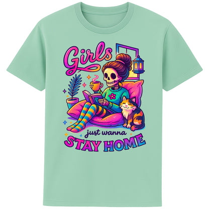 Misty Jade colour Girls Just Wanna Stay Home T-Shirt featuring a colourful skeleton relaxing with a cat, coffee, and a book, funny homebody shirt for introverts, book lovers, and cat lovers.