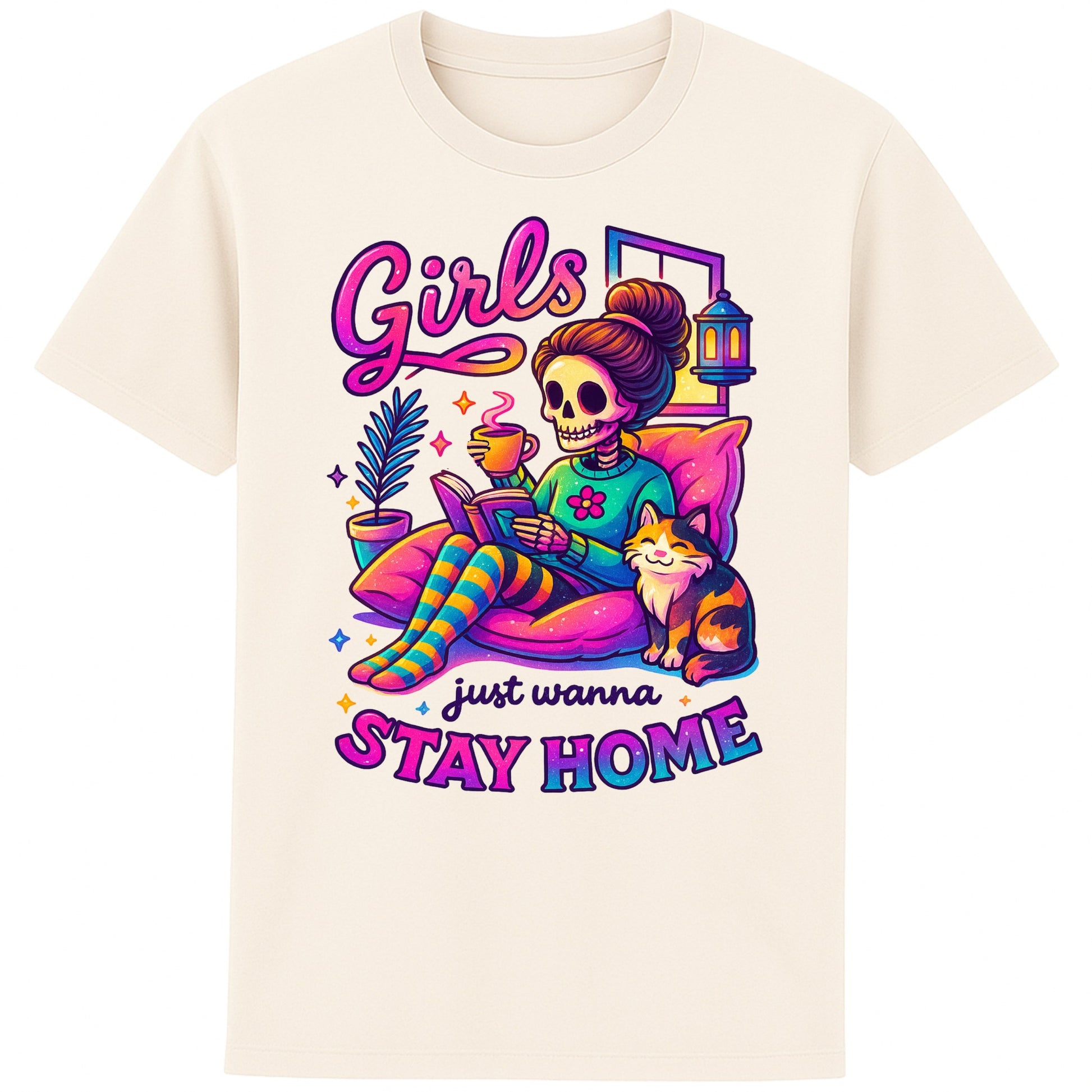 Naturel colour Girls Just Wanna Stay Home T-Shirt featuring a colourful skeleton relaxing with a cat, coffee, and a book, funny homebody shirt for introverts, book lovers, and cat lovers.