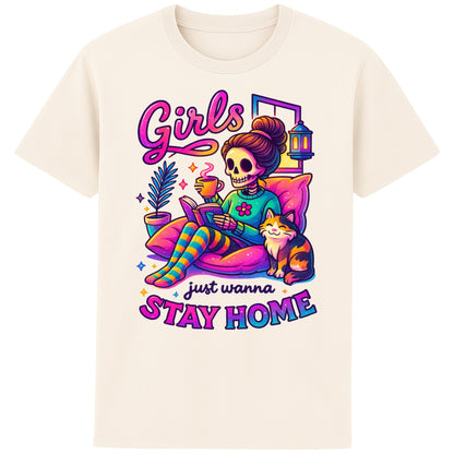 Naturel colour Girls Just Wanna Stay Home T-Shirt featuring a colourful skeleton relaxing with a cat, coffee, and a book, funny homebody shirt for introverts, book lovers, and cat lovers.
