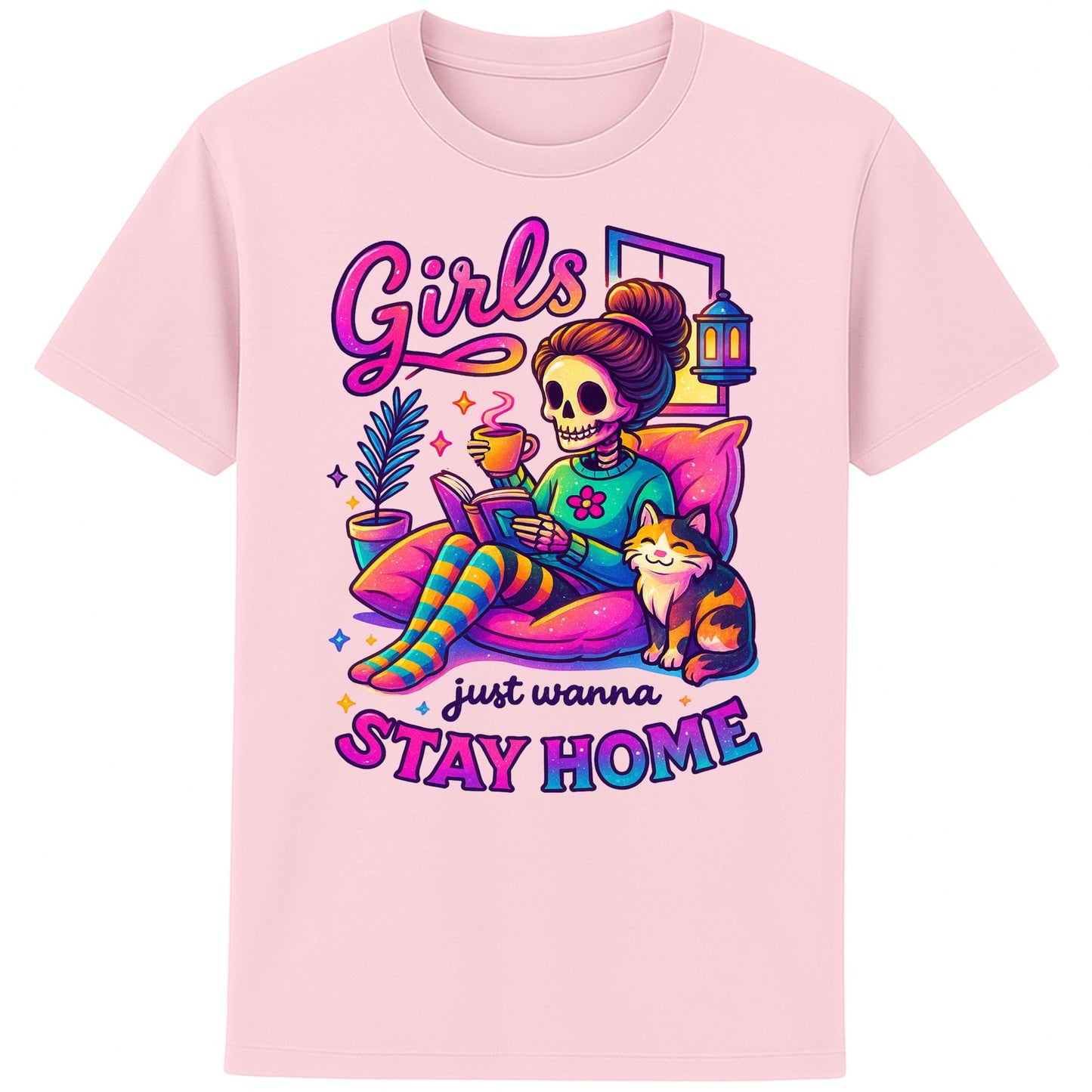 Pink Girls Just Wanna Stay Home T-Shirt featuring a colourful skeleton relaxing with a cat, coffee, and a book, funny homebody shirt for introverts, book lovers, and cat lovers.