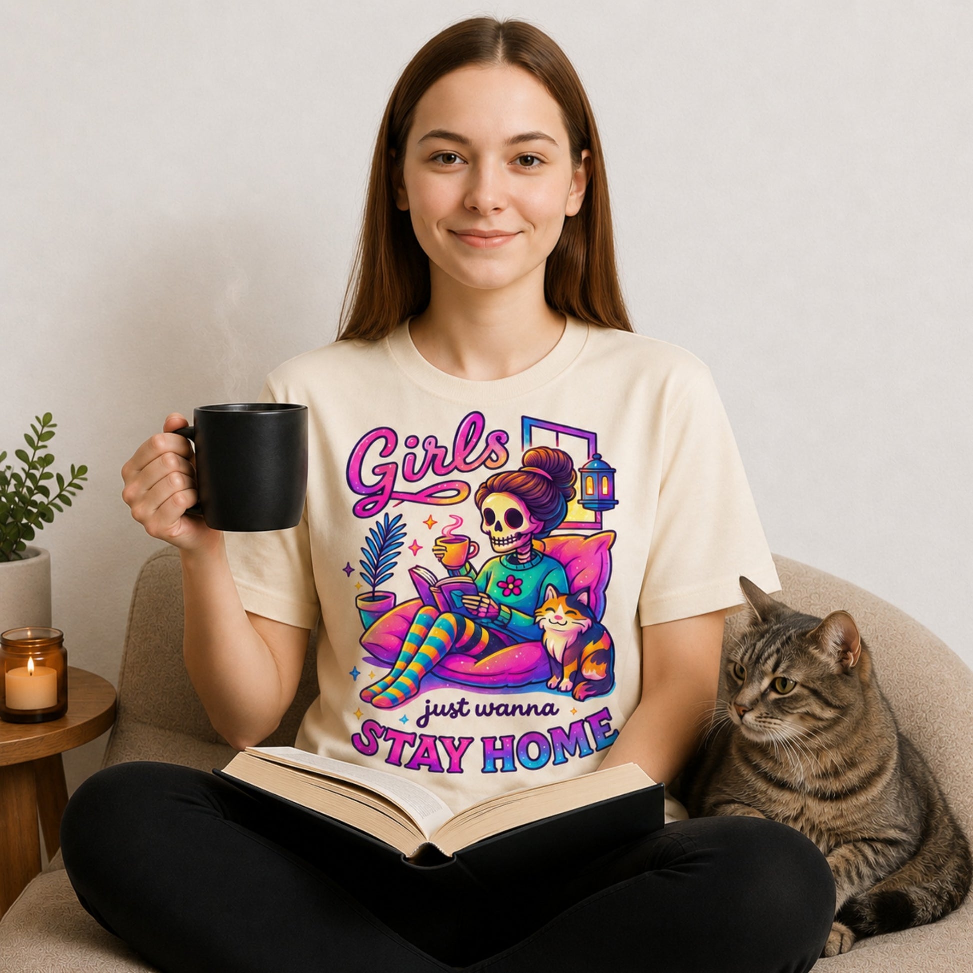 Woman wearing the Girls Just Wanna Stay Home T-Shirt with a steaming coffee, open book, and grey tabby cat, featuring a colourful skeleton graphic, a funny homebody shirt for book lovers, introverts, and cat lovers.