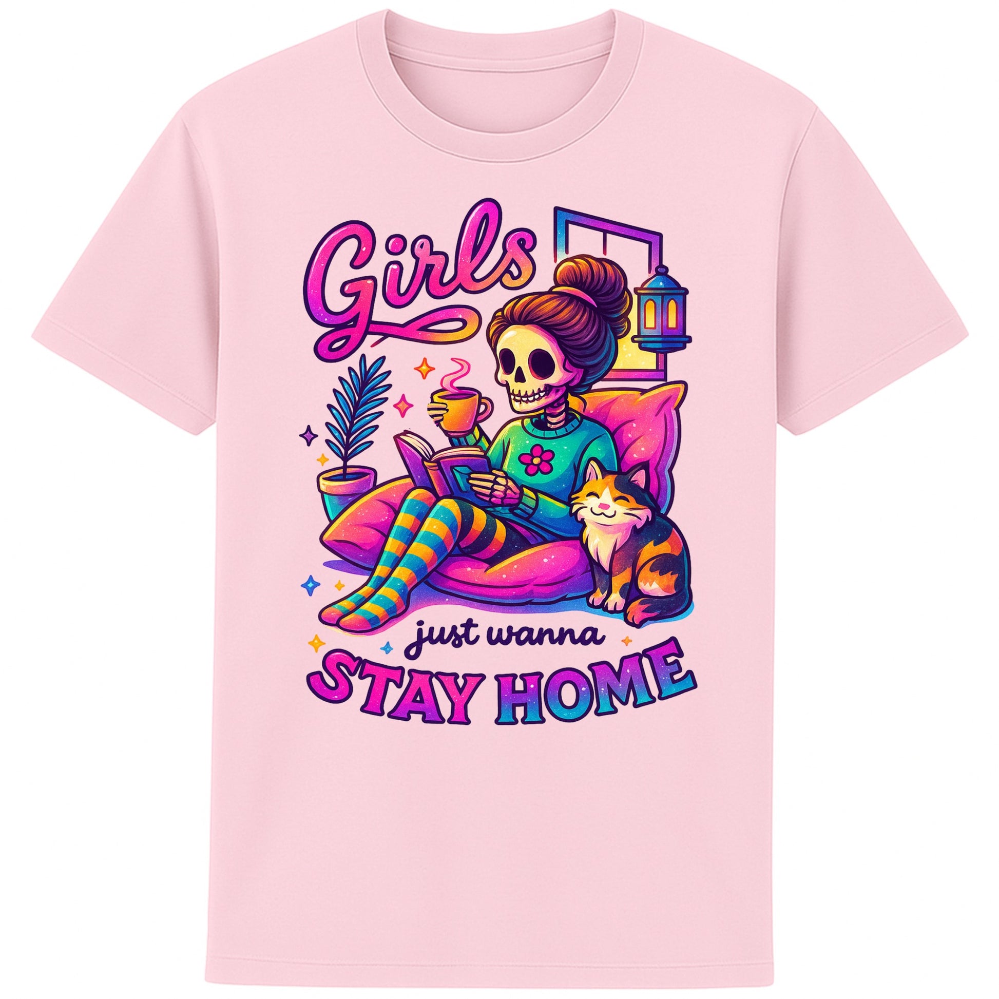 Pink graphic t-shirt featuring a playful skeleton girl lounging at home with her cat, coffee, and book — perfect for spooky cute vibes