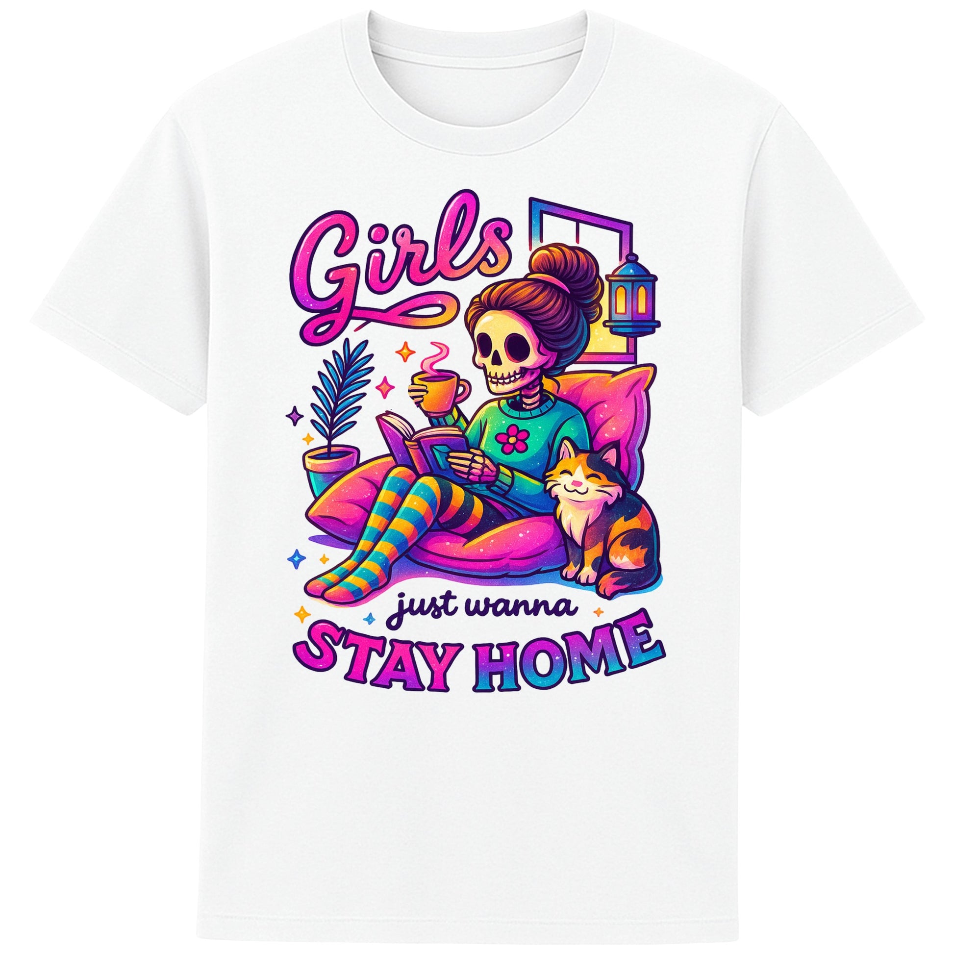 White graphic t-shirt featuring a playful skeleton girl lounging at home with her cat, coffee, and book — perfect for spooky cute vibes