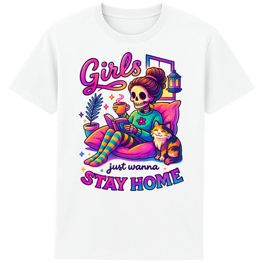 White graphic t-shirt featuring a playful skeleton girl lounging at home with her cat, coffee, and book — perfect for spooky cute vibes