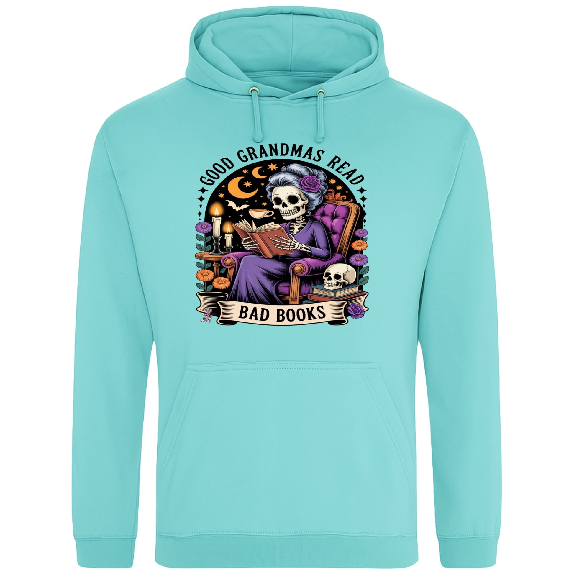 Peppermint colour Good Grandmas Read Bad Books Hoodie featuring a spooky cute skeleton grandma reading in a cosy armchair with candles and flowers, funny grandma hoodie for book lovers and gothic readers.