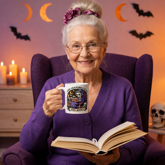 Smiling grandma holding the Good Grandmas Read Bad Books Mug while reading a book in a cosy chair with candles and spooky décor, funny grandma mug for book lovers and gothic book lovers.