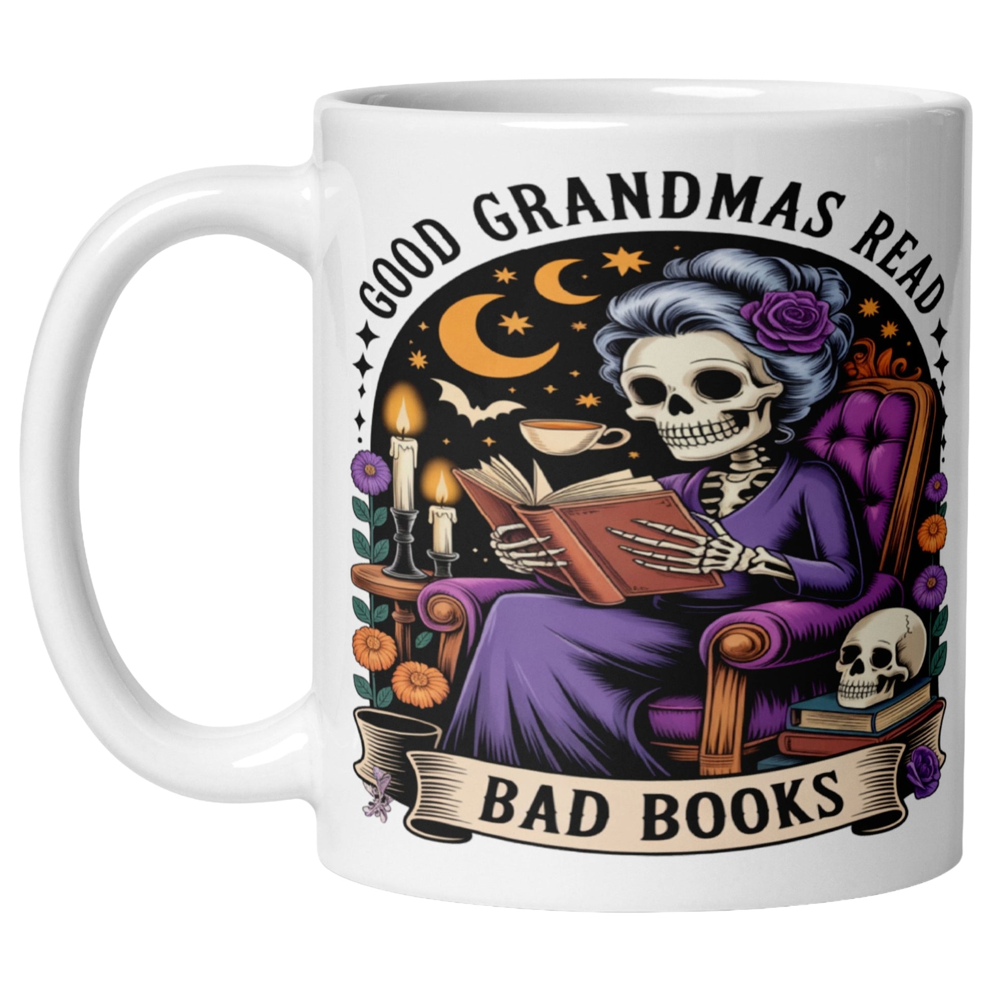 Good Grandmas Read Bad Books Mug featuring a spooky cute skeleton grandma reading in a cosy armchair with candles, flowers, and moon details, funny grandma mug for book lovers and gothic book lovers.