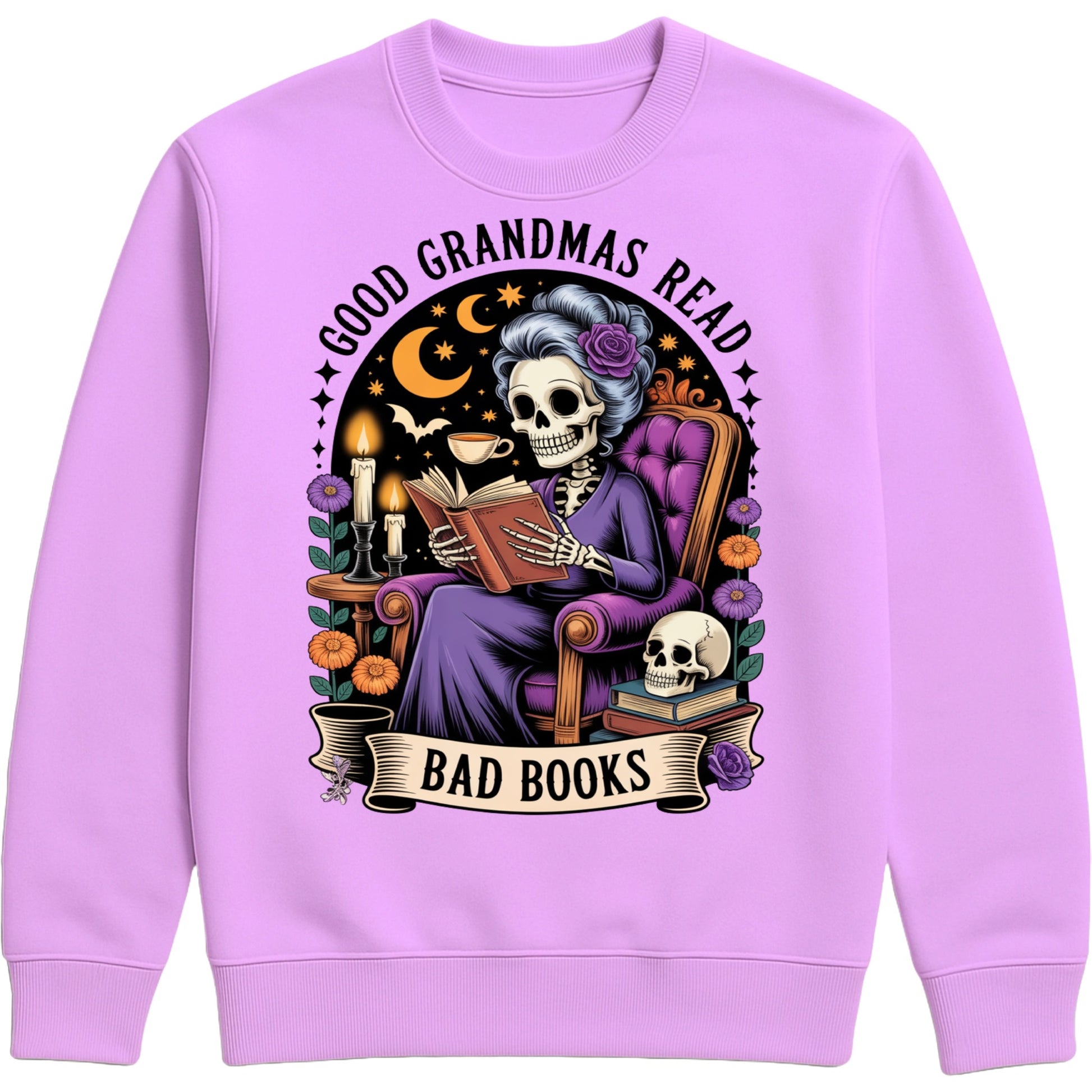 Lavender Good Grandmas Read Bad Books Sweatshirt featuring a spooky cute skeleton grandma reading in a cosy armchair with candles, flowers, and moon details, funny grandma sweatshirt for book lovers and gothic book lovers.