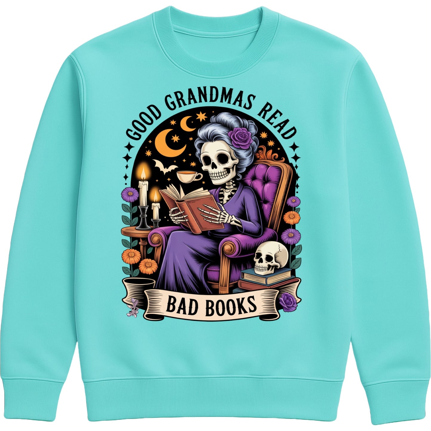 Peppermint colour Good Grandmas Read Bad Books Sweatshirt featuring a spooky cute skeleton grandma reading in a cosy armchair with candles, flowers, and moon details, funny grandma sweatshirt for book lovers and gothic book lovers.