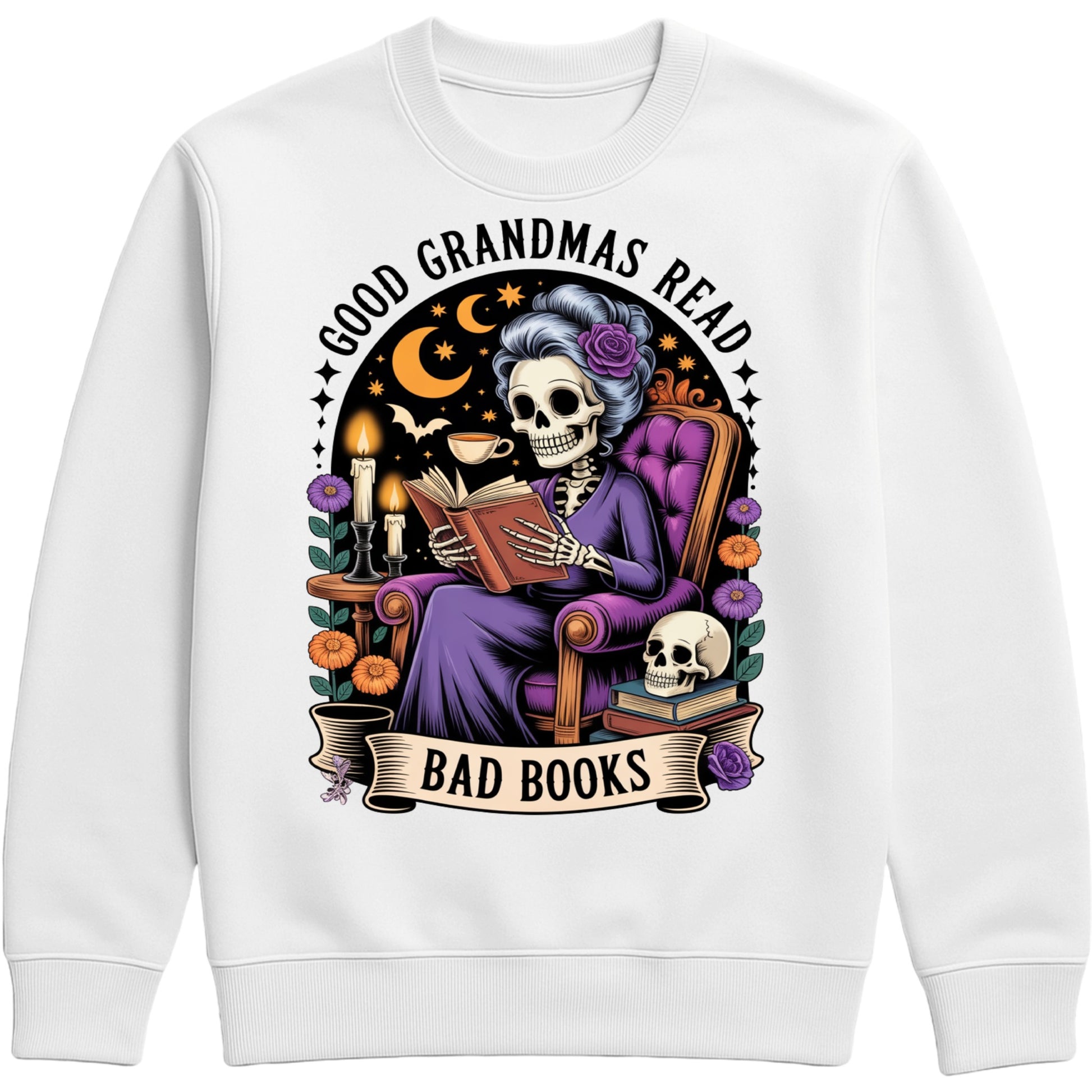 White Good Grandmas Read Bad Books Sweatshirt featuring a spooky cute skeleton grandma reading in a cosy armchair with candles, flowers, and moon details, funny grandma sweatshirt for book lovers and gothic book lovers.