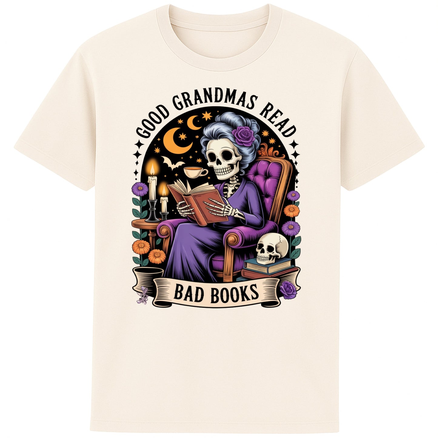 Naturel colour Good Grandmas Read Bad Books T-Shirt featuring a spooky cute skeleton grandma reading in a cosy armchair with candles and flowers, funny grandma t shirt for book lovers and gothic book lovers.