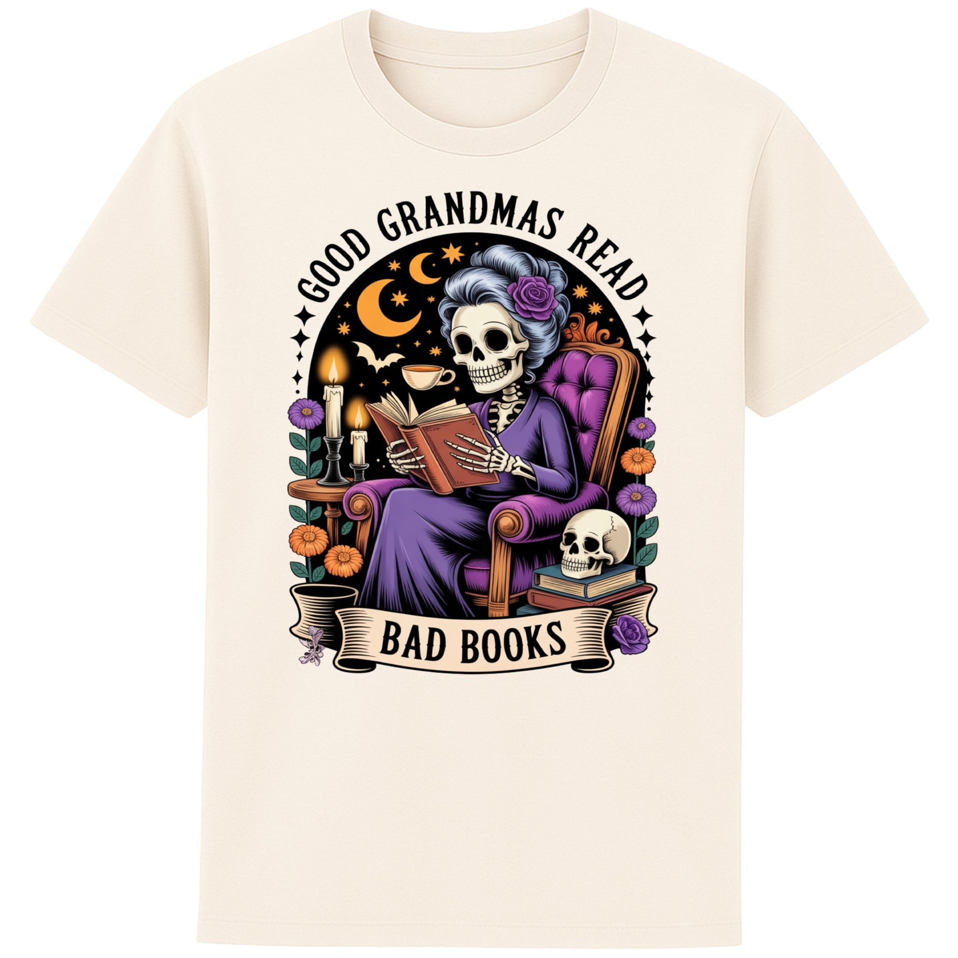 Naturel colour Good Grandmas Read Bad Books T-Shirt featuring a spooky cute skeleton grandma reading in a cosy armchair with candles and flowers, funny grandma t shirt for book lovers and gothic book lovers.