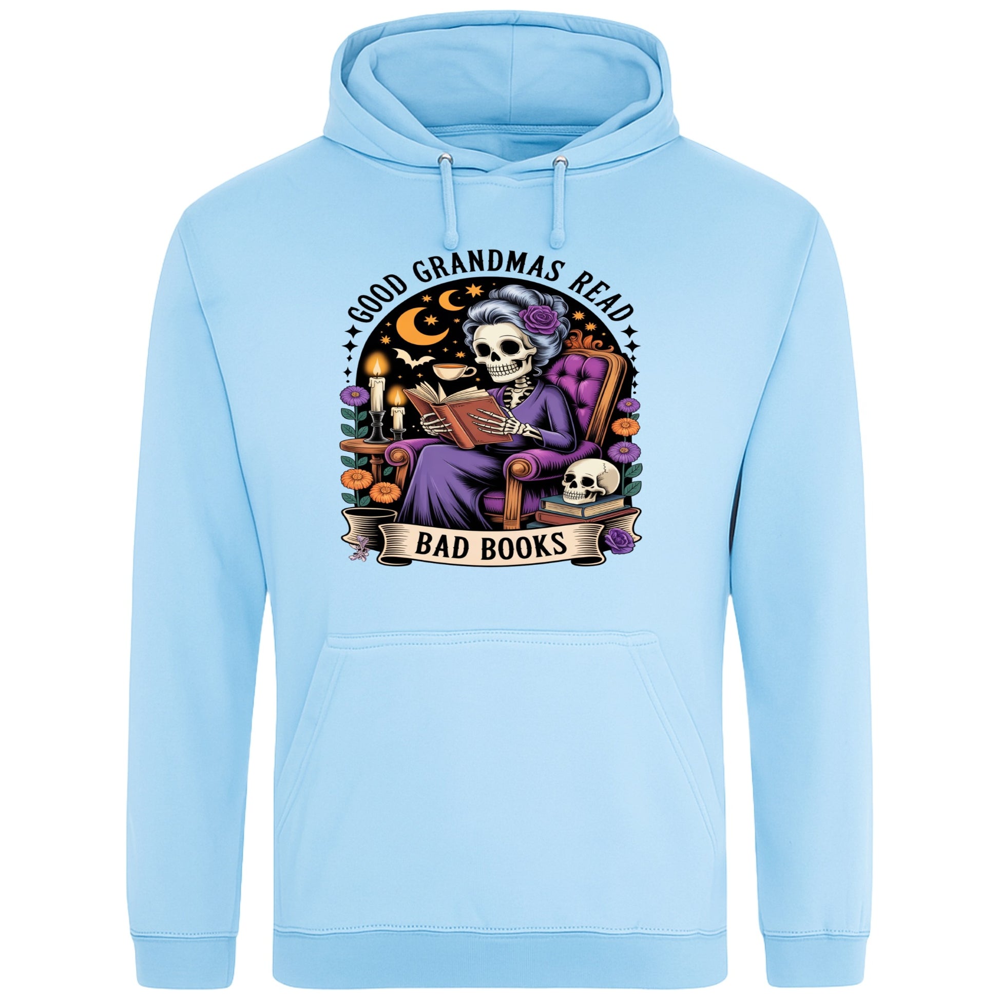 Cosy sky blue hoodie with a spooky-cute skeleton grandma reading a “bad” book under moonlight – the perfect mix of bookish and gothic vibes.