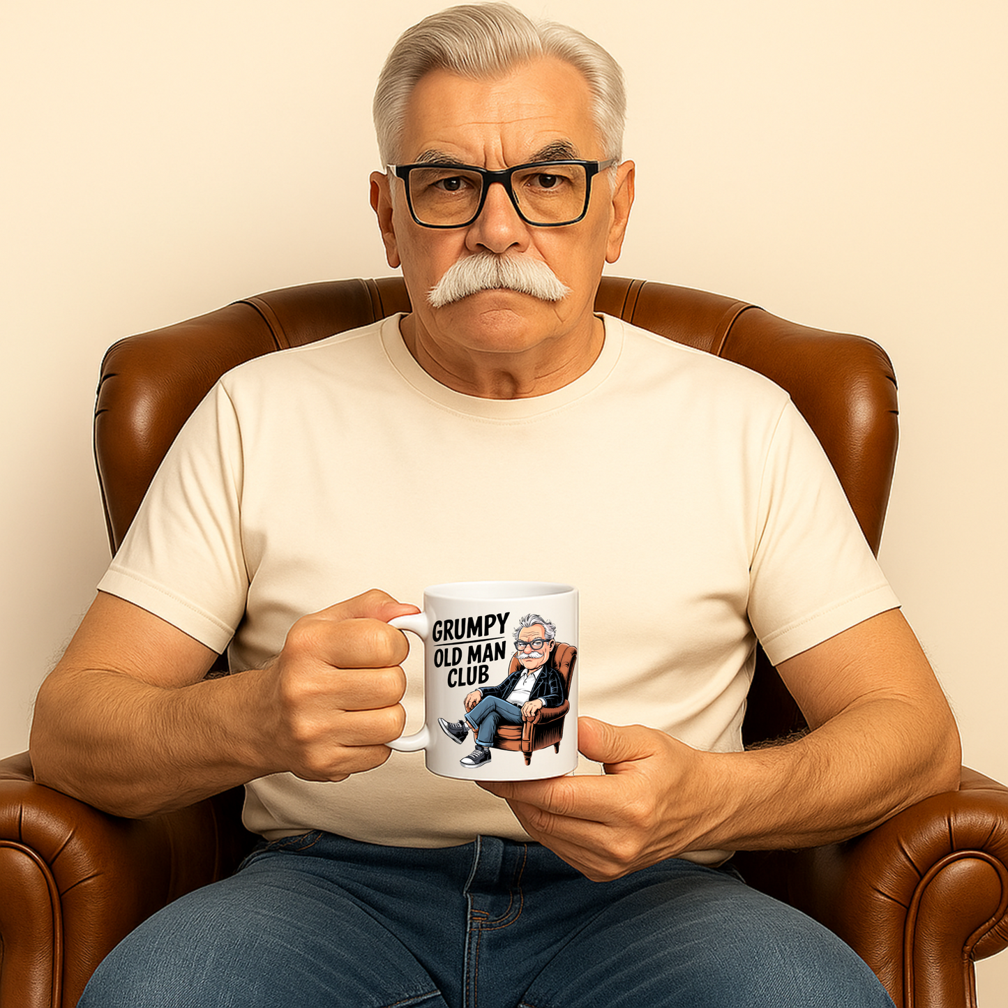 Older man sitting in a brown leather armchair holding a Grumpy Old Man Club coffee mug featuring a cartoon grumpy old man design. Funny old man mug, retirement gift for men, funny dad mug, and grandad gift.