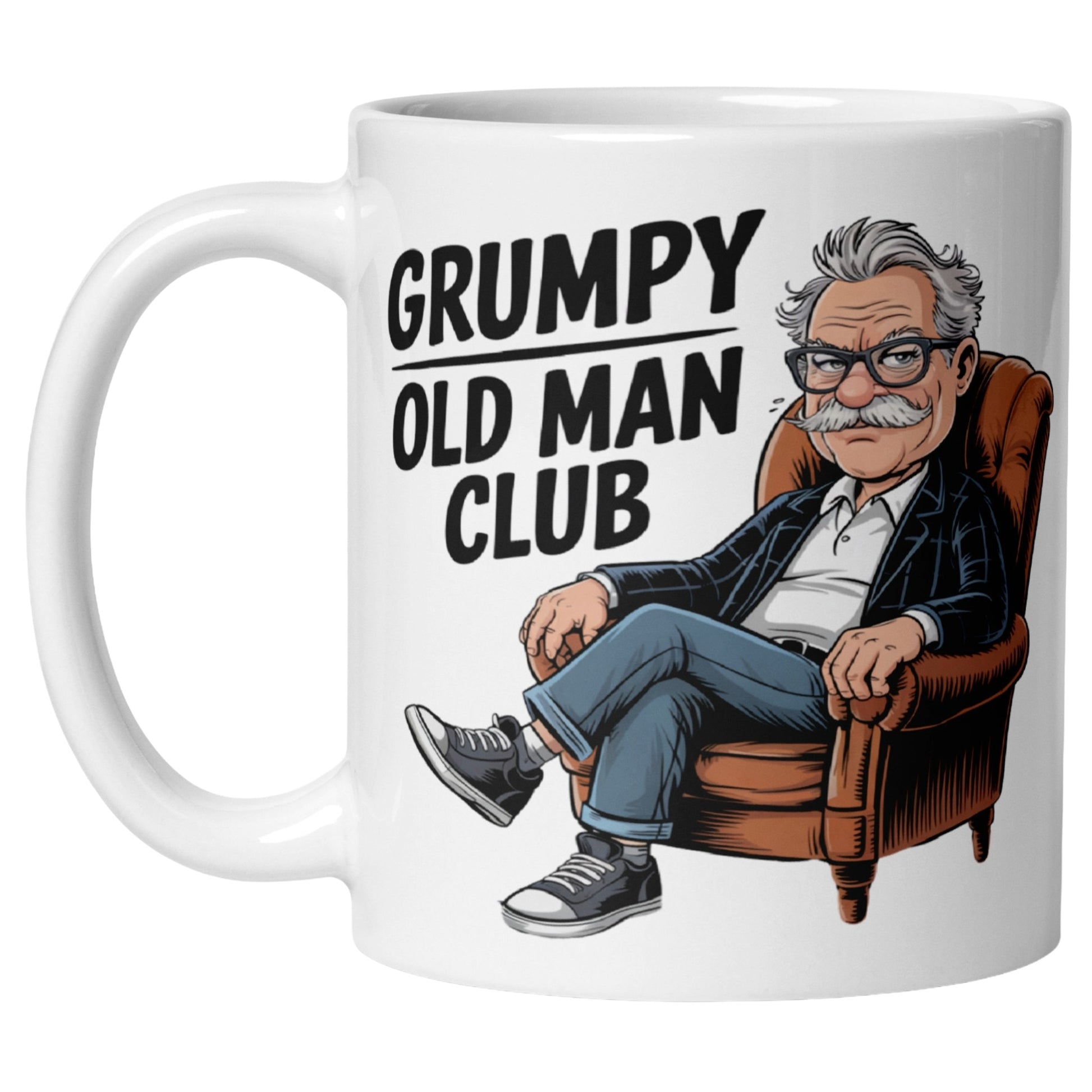 White mug with a cartoon of a grumpy old man sitting in an armchair and text 'GRUMPY OLD MAN CLUB' on a white background.