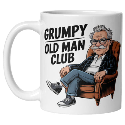 White coffee mug featuring a cartoon grumpy old man sitting in a chair with the text "Grumpy Old Man Club". Funny old man coffee mug, retirement gift for men, funny dad mug, and grandad gift.